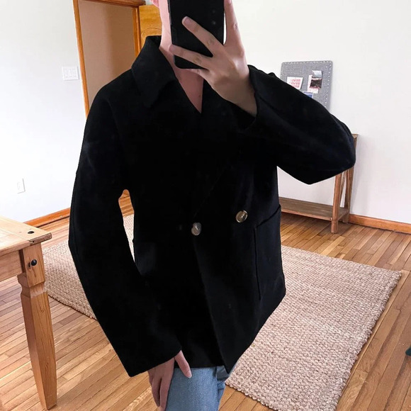 Gentle Herd 100% Wool Black Classic Bohemian Knit Collared Long Trench Coat XL